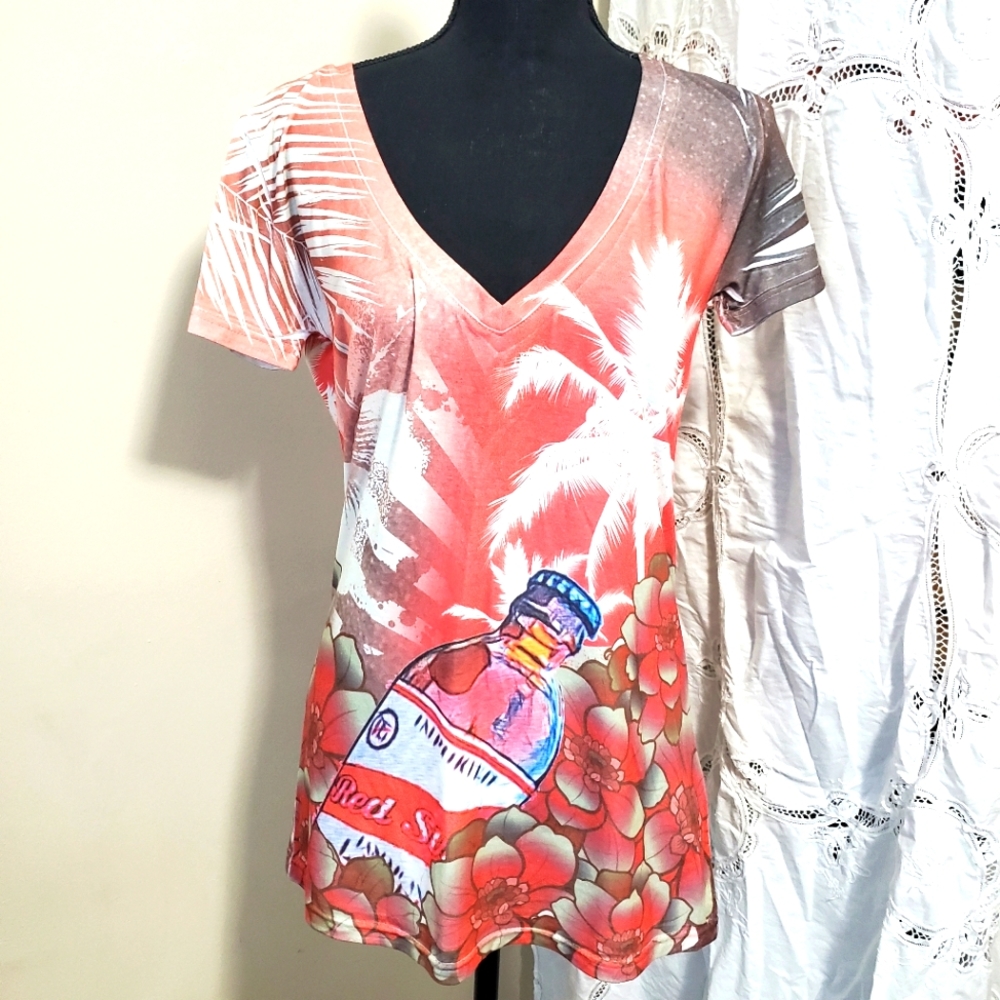 🙏 RED STRIPE t shirt v neck women's size xl fitted style